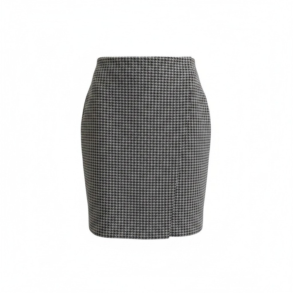 J. Jill Houndstooth Ponte Mini Skirt L Grey Black Wrap Side Slit Dark Academia
